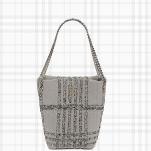 BURBERRY Lola Needle Punch Check Canvas Small Bucket Bag- Black and White